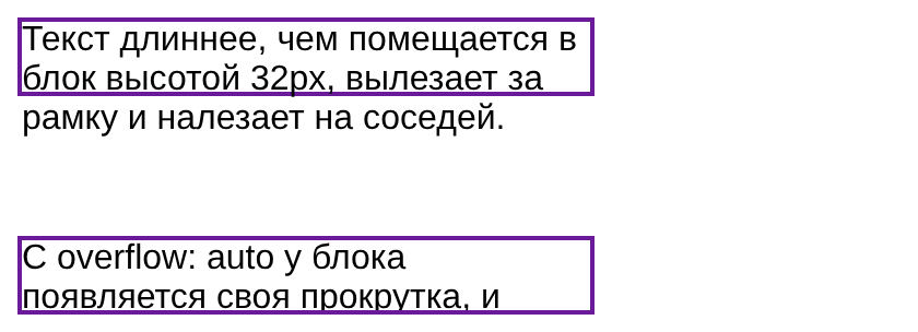 Верхний блок: последняя строка текста вышла за нижнюю фиолетовую рамку; нижний блок: видно только начало текста, остальное обрезано рамкой и прокручивается