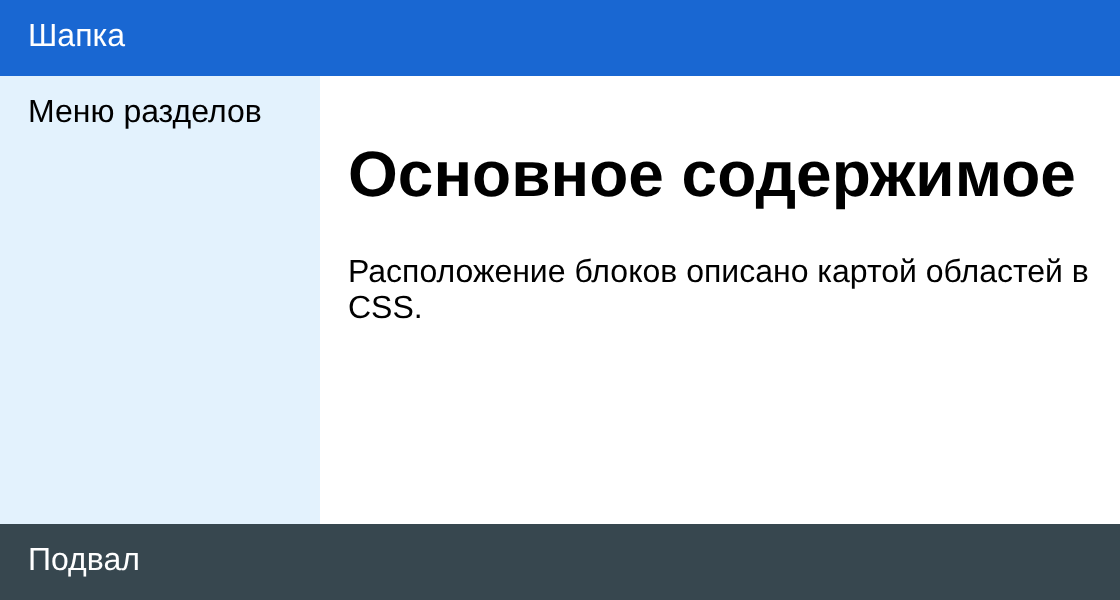 Окно 560 на 300: синяя шапка на всю ширину, слева голубая колонка меню, справа основное содержимое с заголовком, внизу тёмный подвал на всю ширину